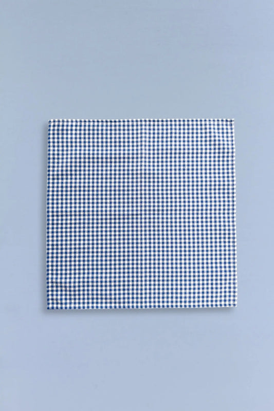 Square fabric napkin featuring a small blue and white gingham check pattern, centered on a light blue background.