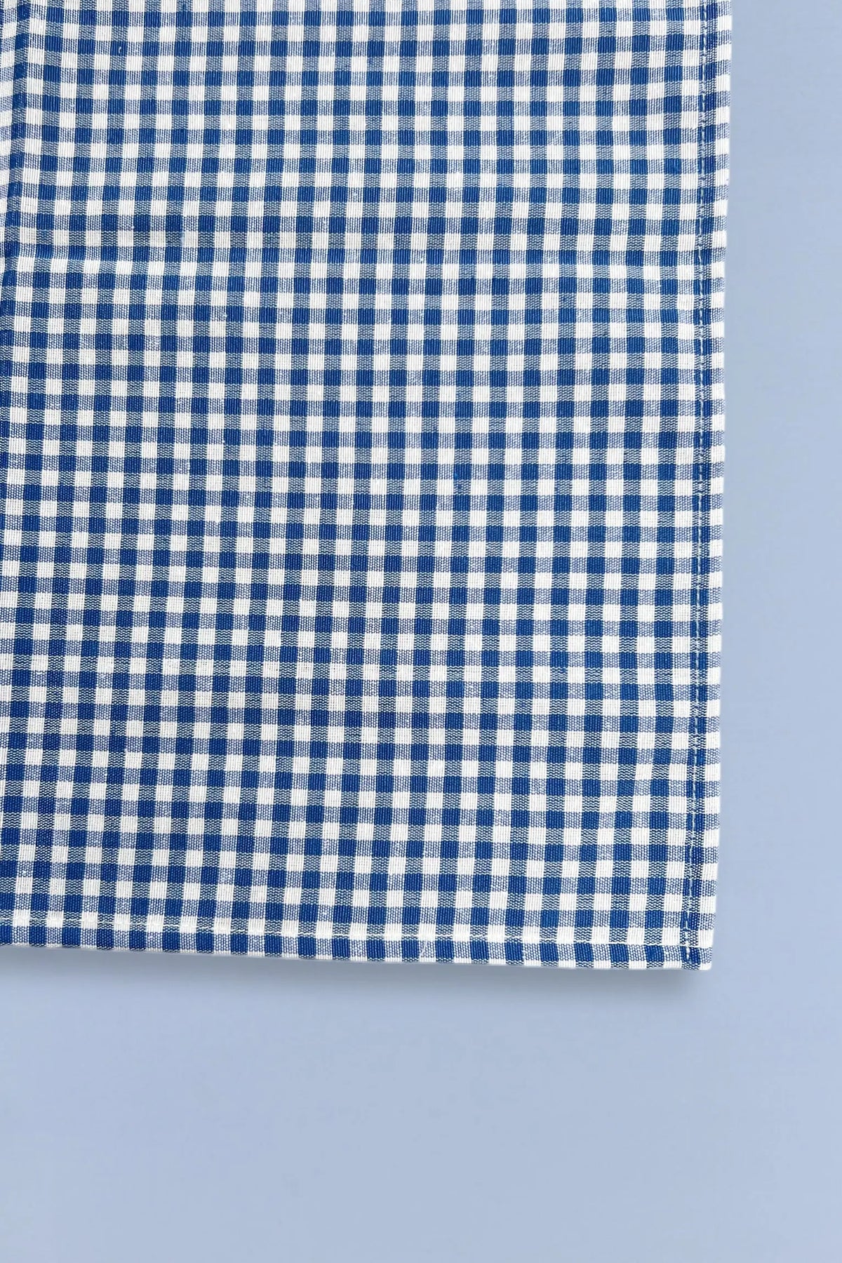 Set of two square cloth napkins with a blue and white small gingham check pattern on a light blue background.