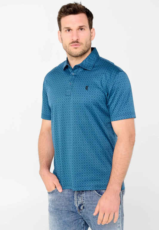 Polo verde petróleo de manga corta con estampado geométrico de rombos, cuello clásico y botones para hombre.