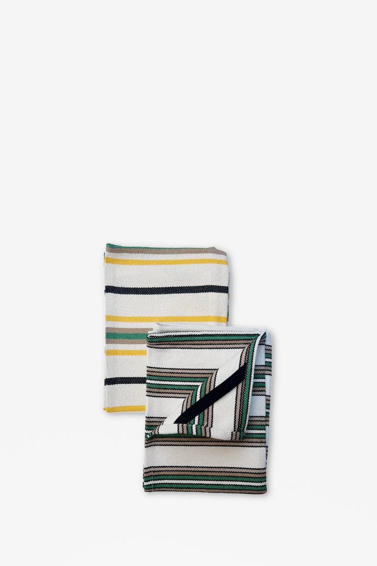 Two rectangular kitchen towels with woven horizontal stripes in white, yellow, black, green, and beige on white fabric.