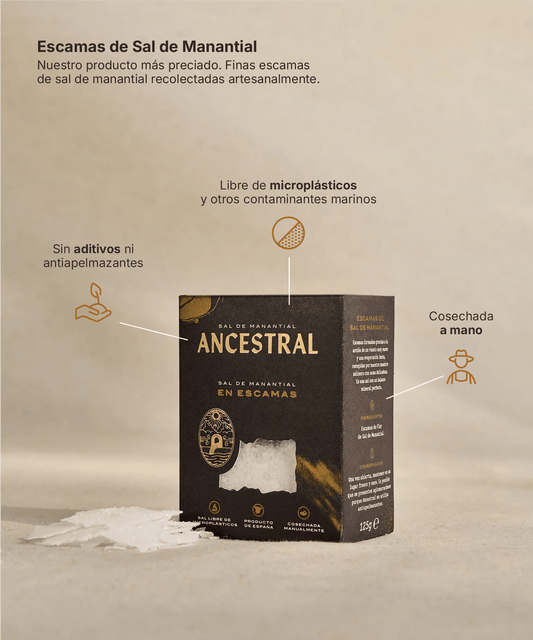 Black rectangular box of artisanal spring salt flakes with a clear window revealing white salt crystals.