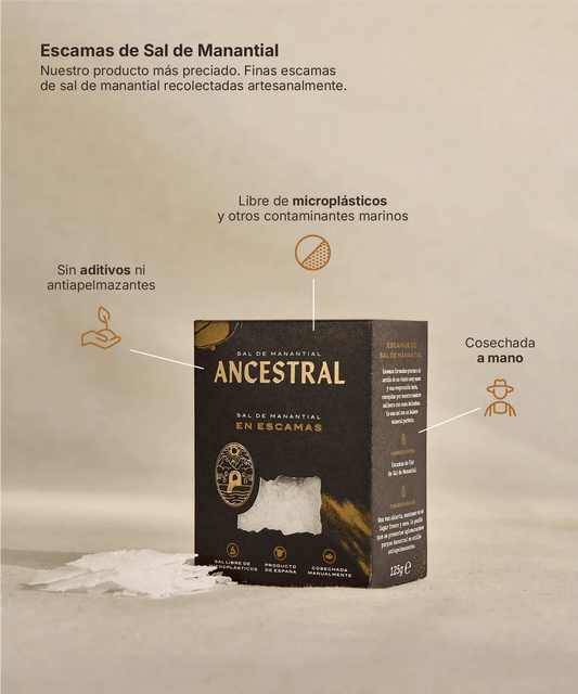Black rectangular box of artisanal spring salt flakes with a clear window revealing white salt crystals.