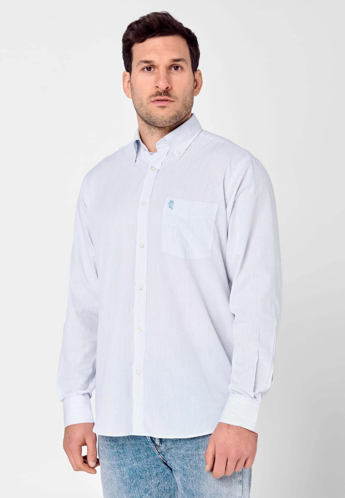 Camisa de hombre de manga larga, tejido popelín de rayas azules, corte clásico y bolsillo en el pecho.