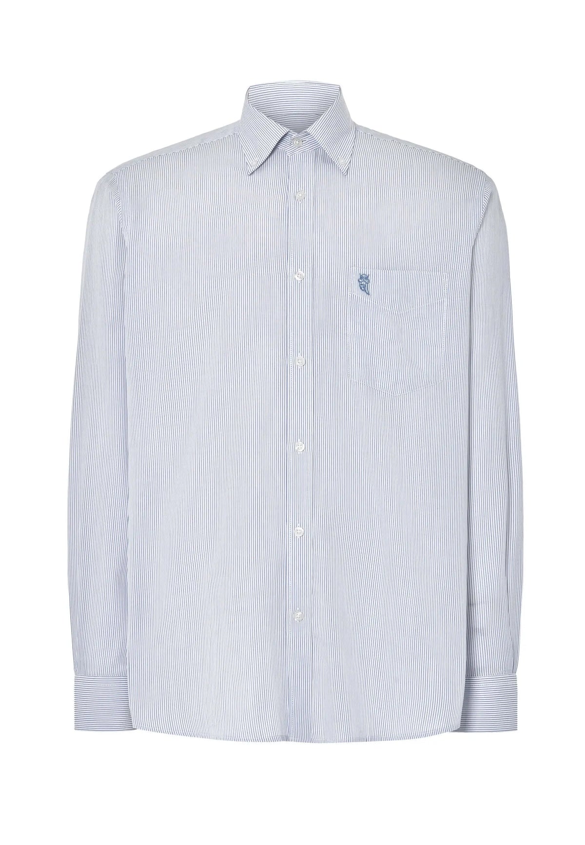 Camisa de hombre manga larga en popelín de rayas azules, corte clásico, cuello abotonado y bolsillo frontal.