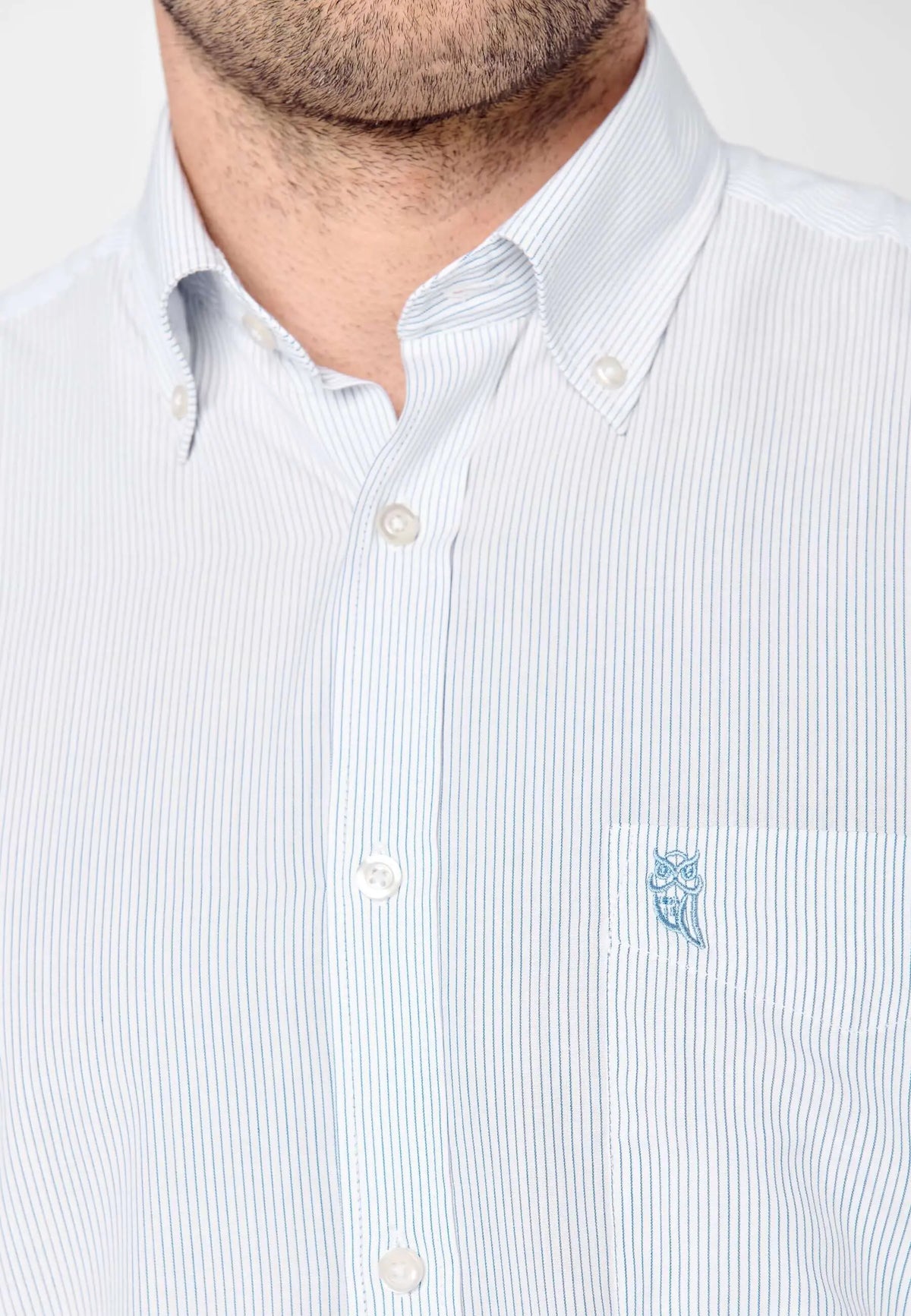 Camisa de hombre de manga larga en popelín de rayas azules y blancas, ajuste clásico con bolsillo y cuello abotonado.