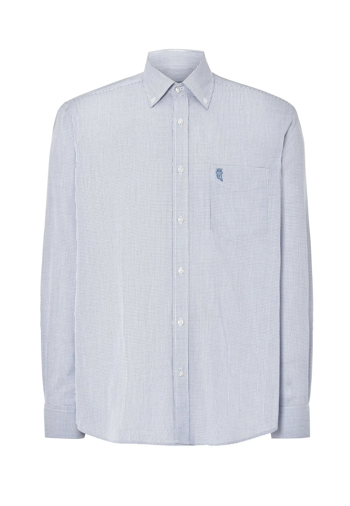 Camisa de hombre de manga larga en popelín azul con estampado de cuadros, bolsillo frontal y ajuste clásico.