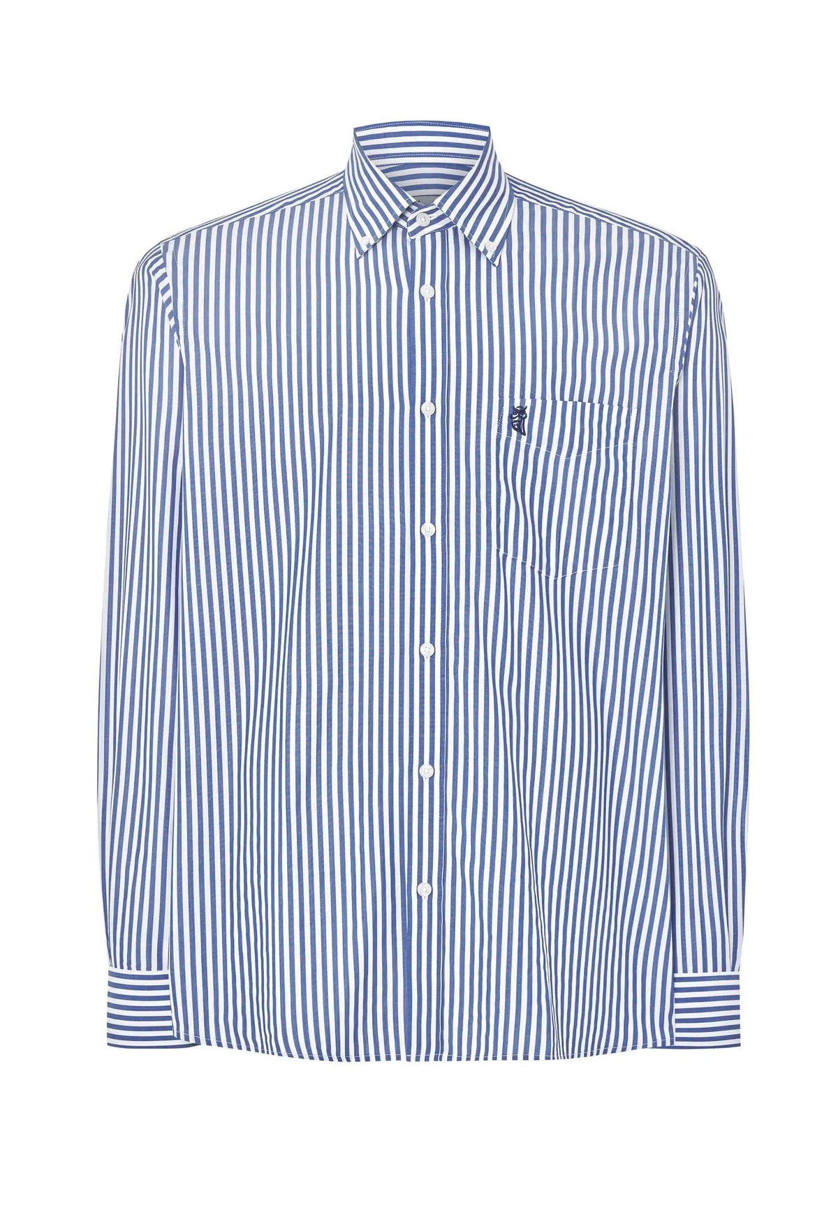 Camisa de hombre manga larga en popelín de rayas azules y blancas, corte clásico con bolsillo y cuello abotonado.