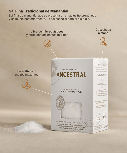 White box of Ancestral spring salt with product features labeled and a small pile of fine salt on a beige surface.