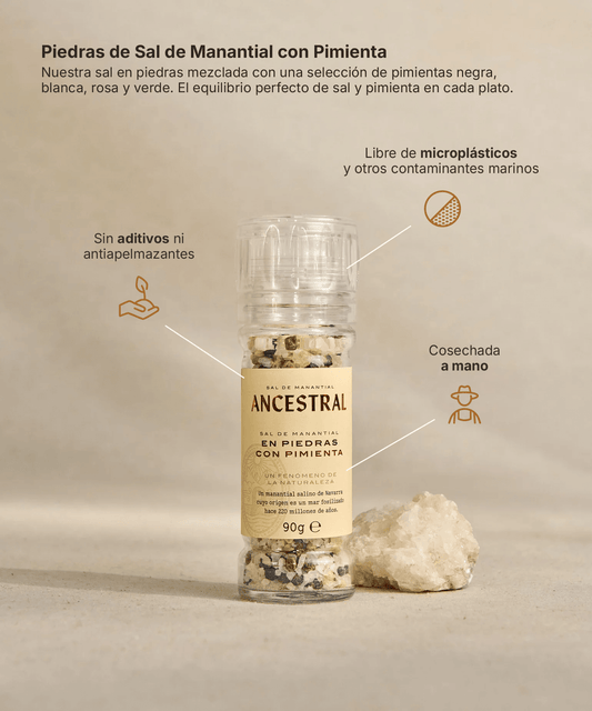 Glass grinder filled with spring salt and 4-peppercorn mix, next to a rock salt chunk on a neutral beige background.