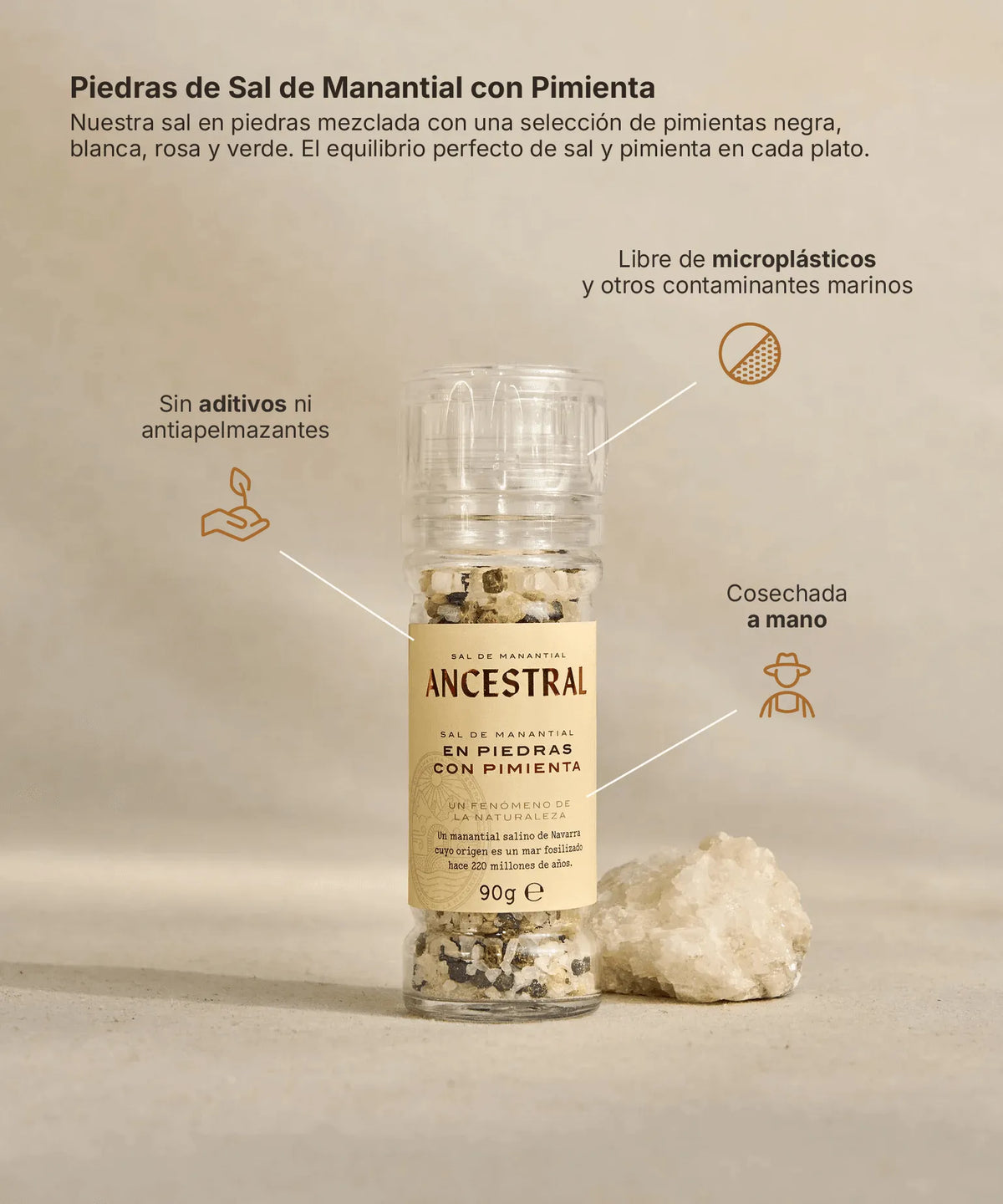 Glass grinder filled with spring salt and 4-peppercorn mix, next to a rock salt chunk on a neutral beige background.
