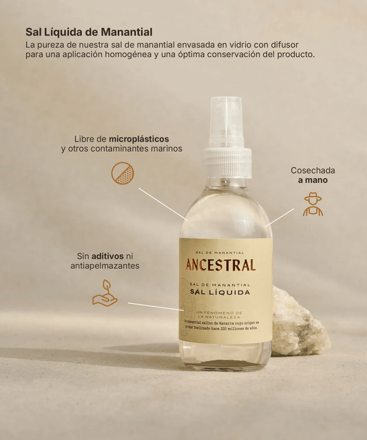 200ml glass spray bottle of liquid spring salt with a tan label, featuring infographics about its natural origins.
