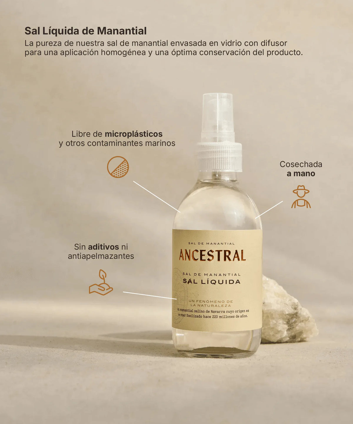 200ml glass spray bottle of liquid spring salt with a tan label, featuring infographics about its natural origins.