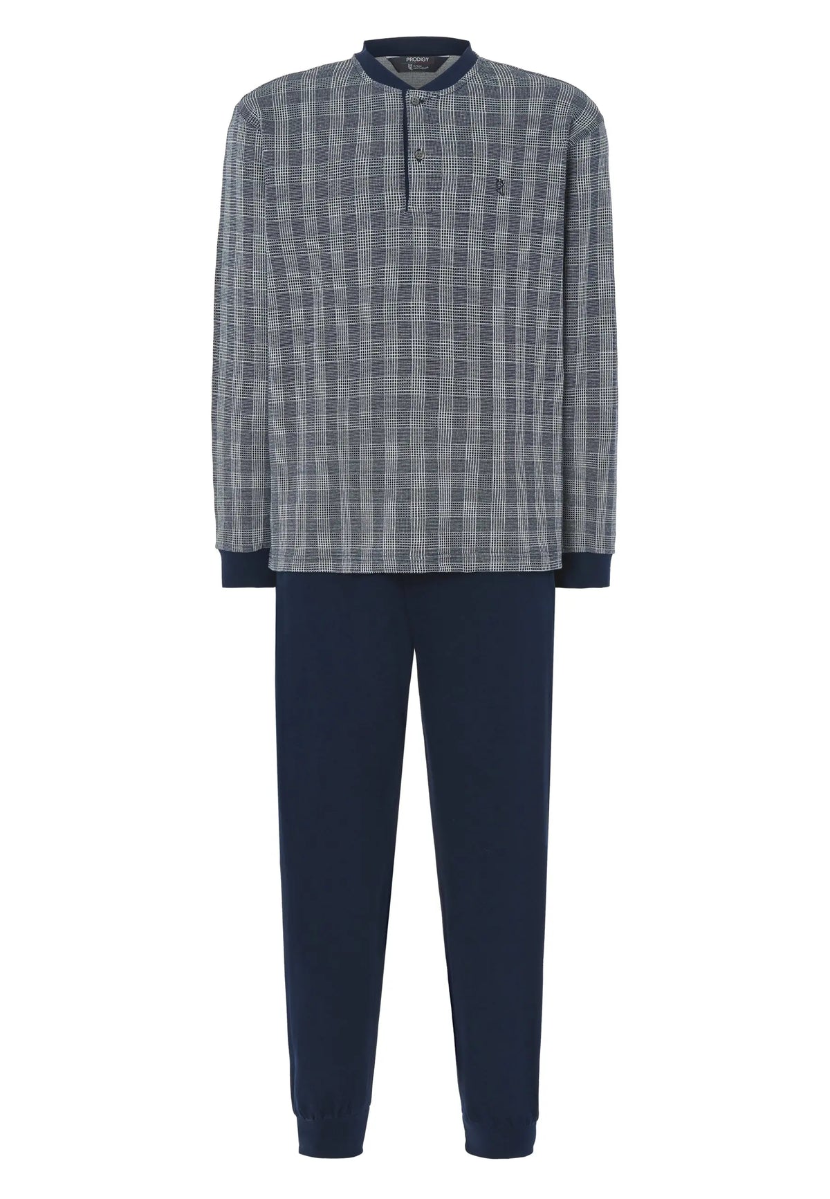 Pijama de hombre, cuadros en azul y blanco, parte superior de algodón y pantalones oscuros, estilo clásico y cómodo.