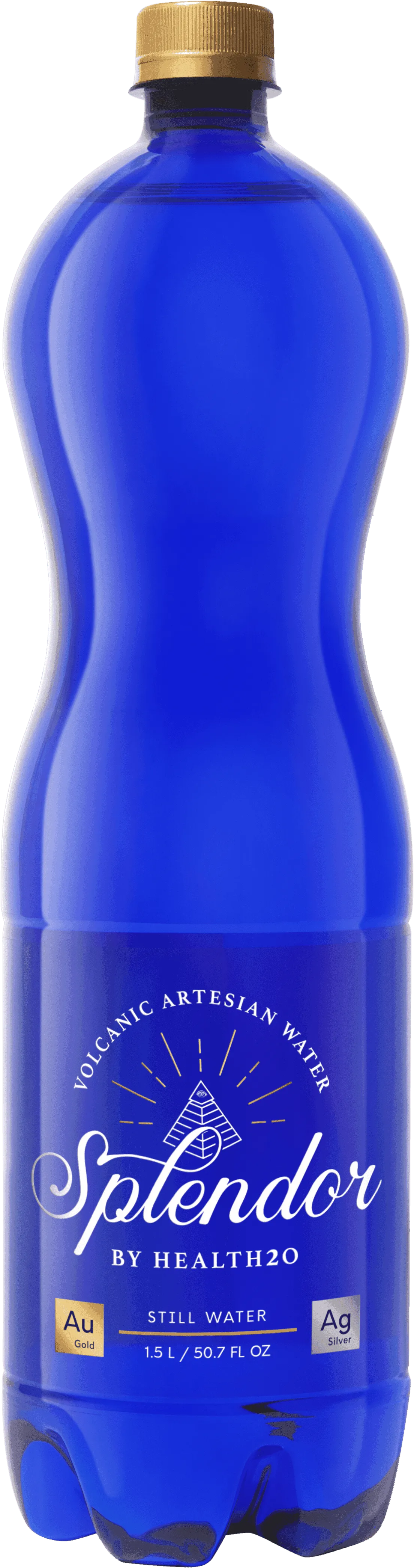 1.5L bottle of Splendor volcanic artesian water in a curvy, translucent blue plastic bottle with a gold screw cap.