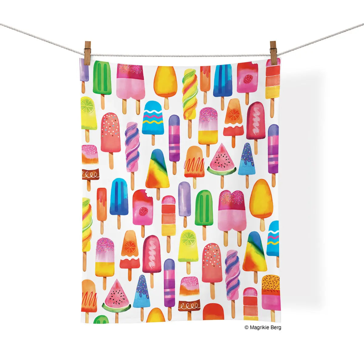 White cotton tea towel featuring a colorful, vibrant watercolor print of various popsicle styles hanging on a line.