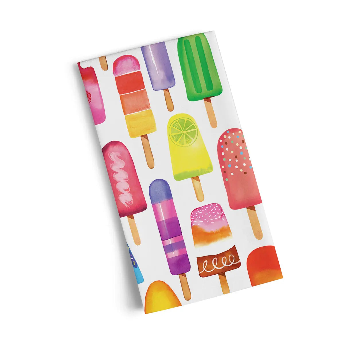 White cotton tea towel featuring a colorful, vibrant watercolor print of various popsicle flavors and designs.