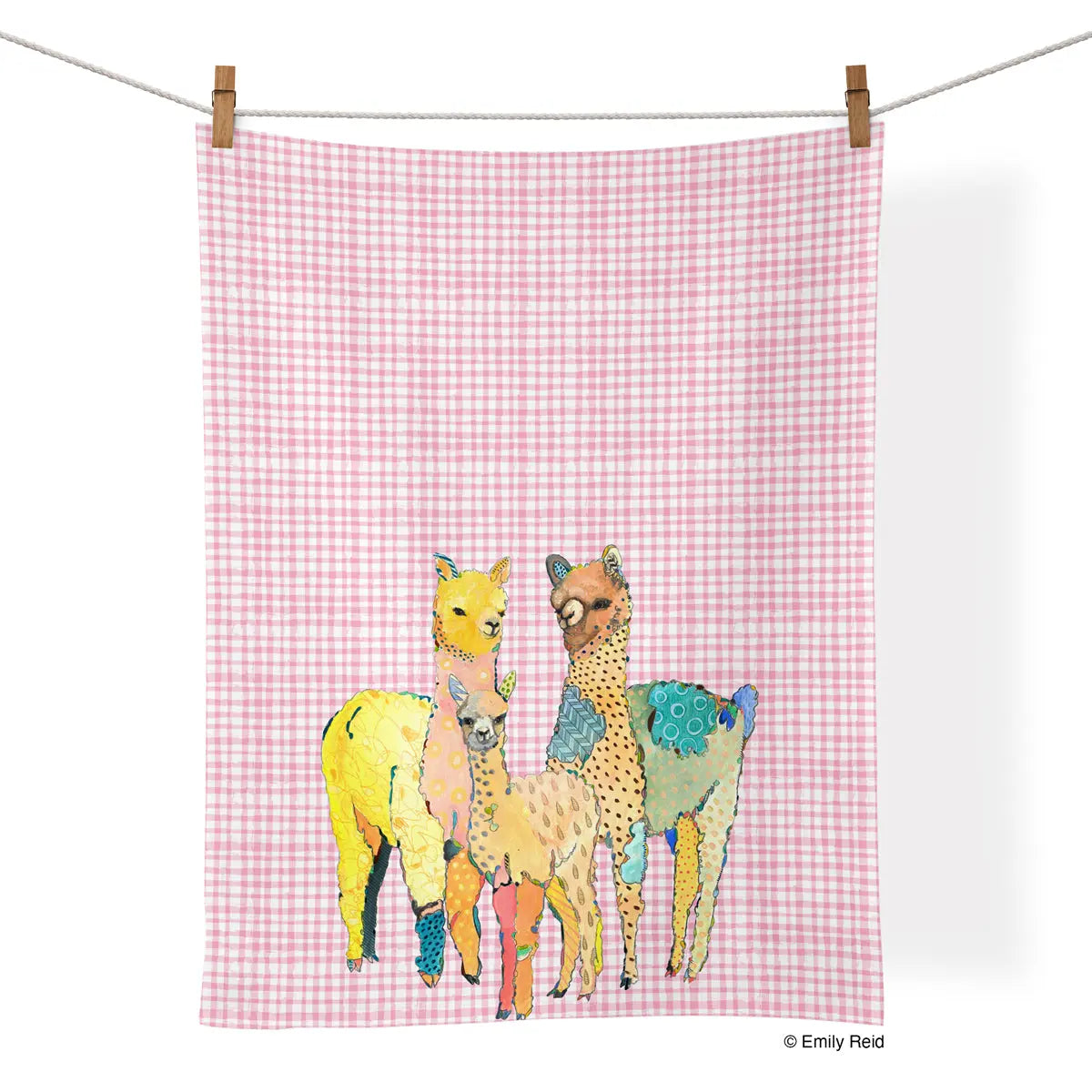 Rectangular cotton tea towel with pink gingham background, featuring a colorful, patterned illustration of three llamas.