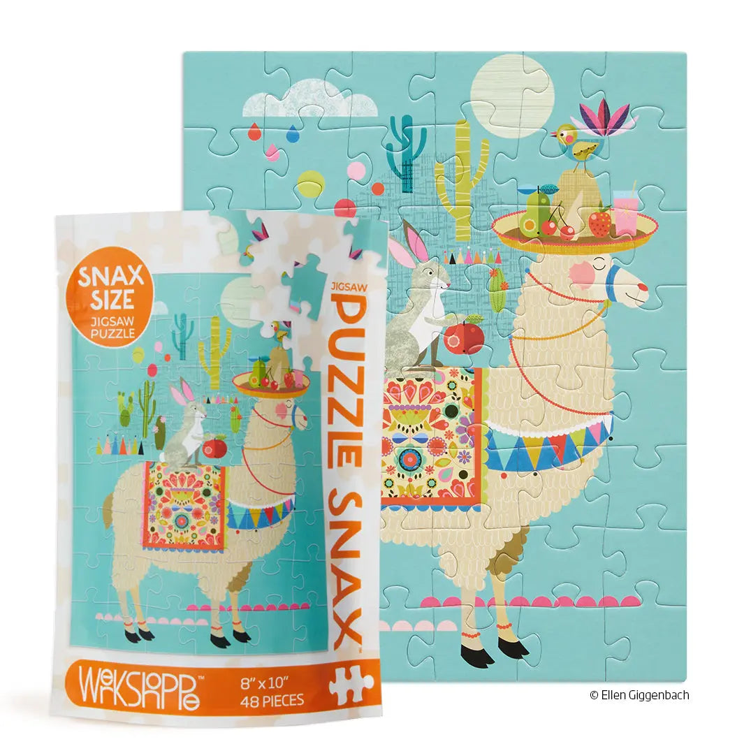 48-piece jigsaw puzzle featuring a whimsical illustration of a decorated llama and rabbit in a teal desert landscape.