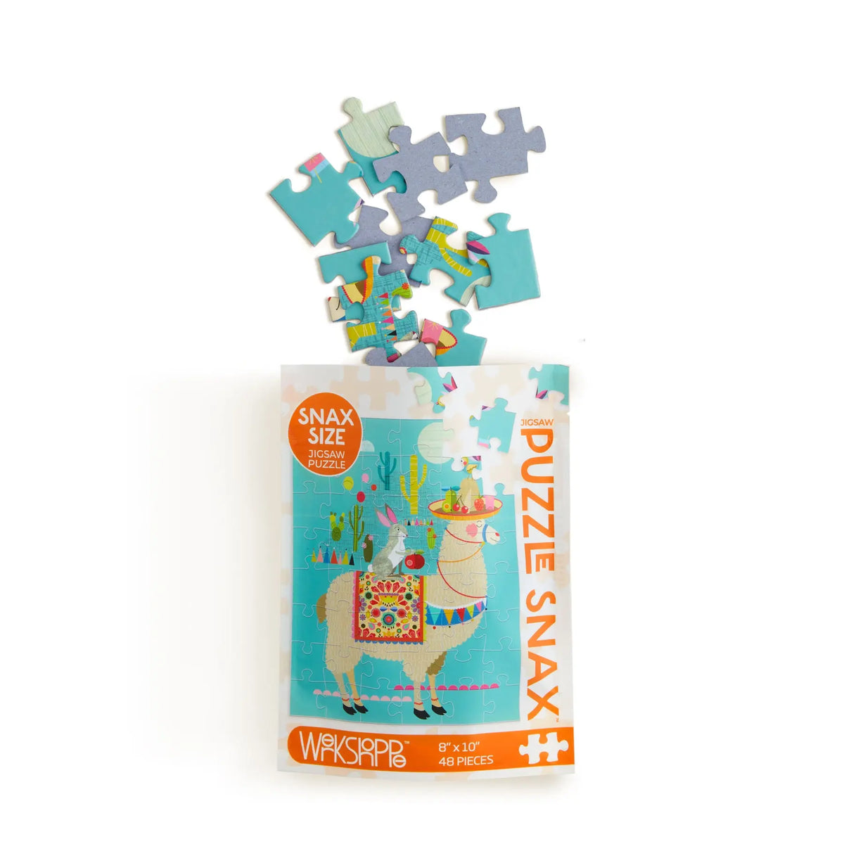 Llama Llyft 48-piece puzzle in a snack-sized bag featuring a colorful llama illustration on a teal background.