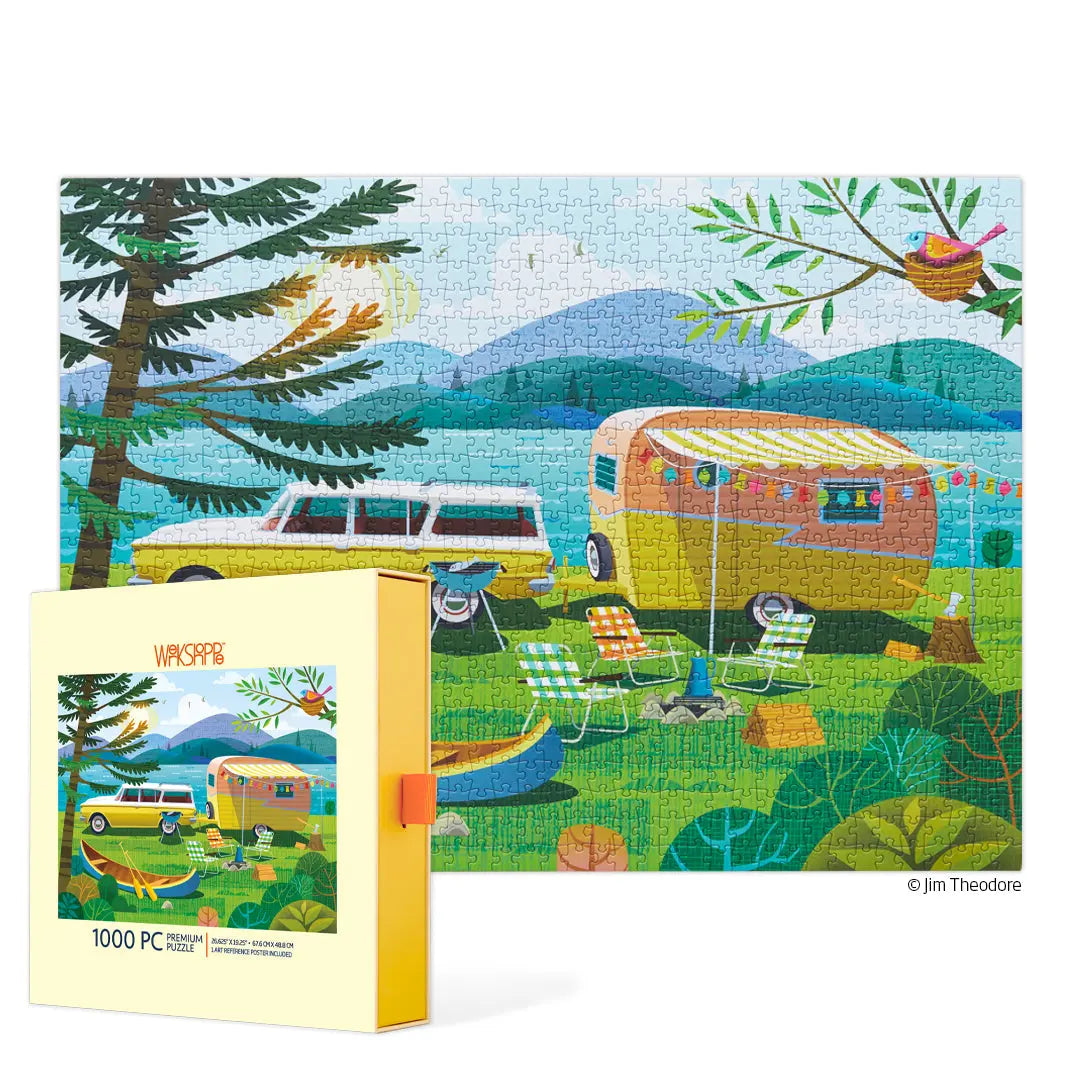 1000-piece puzzle featuring a vibrant camping scene with a vintage trailer, station wagon, and a yellow box.