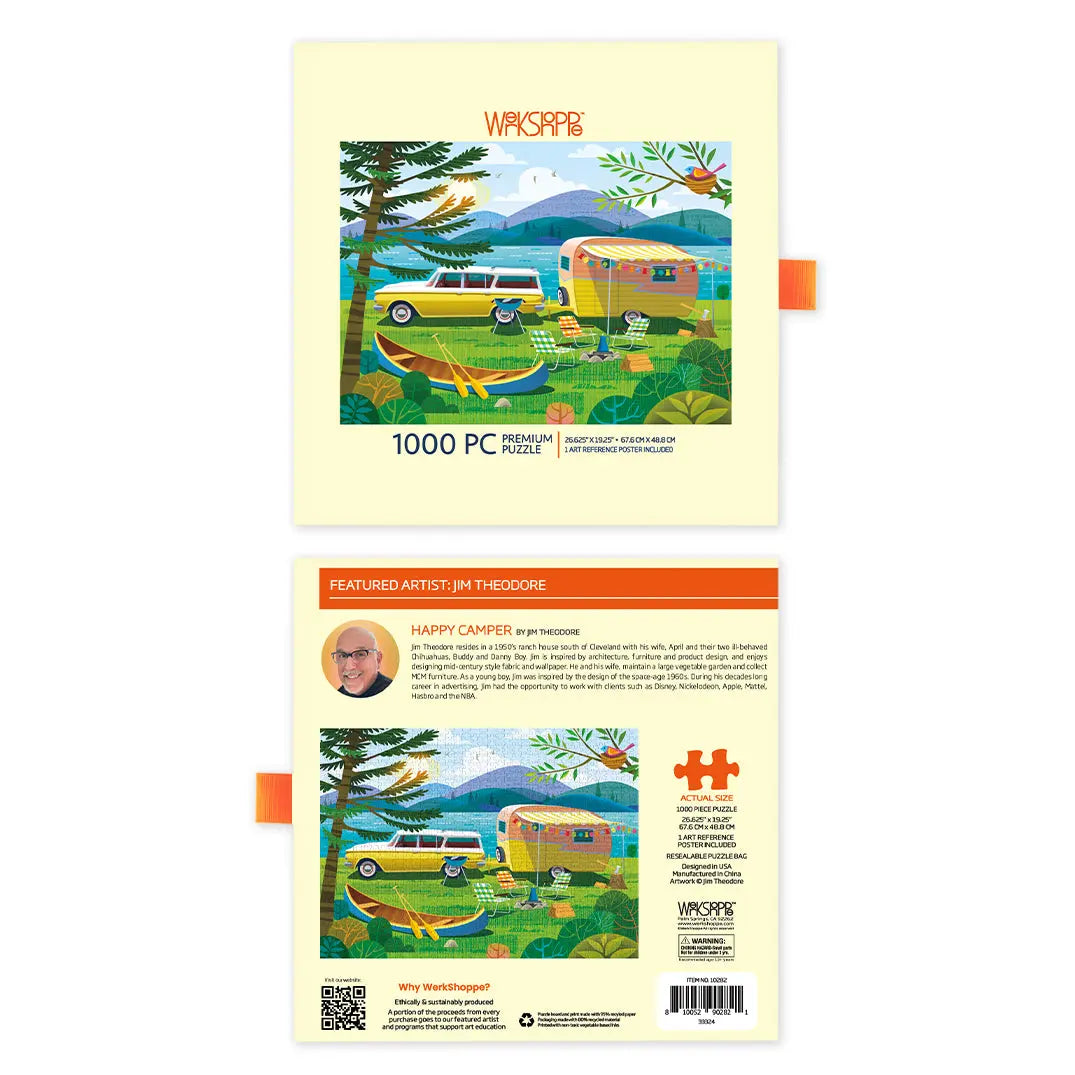 1000-piece puzzle box featuring a mid-century camping illustration with a vintage car, trailer, and canoe by a lake.