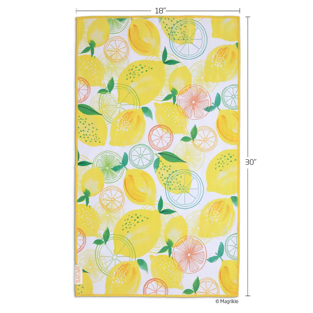 18"x30" microfiber kitchen towel with yellow lemon and citrus slice pattern on a white background with yellow trim.