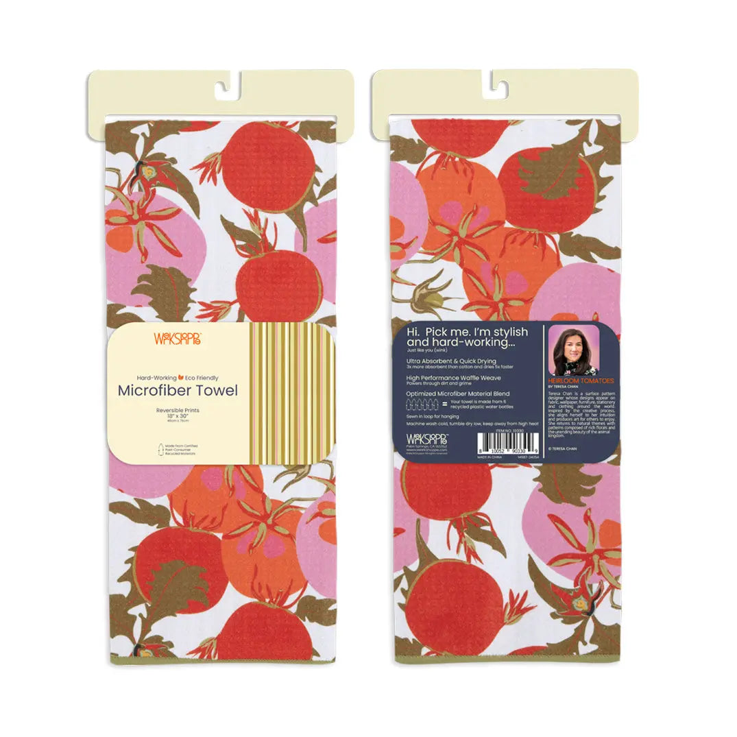 Two microfiber kitchen towels featuring a colorful repeating pattern of red, orange, and pink heirloom tomatoes.