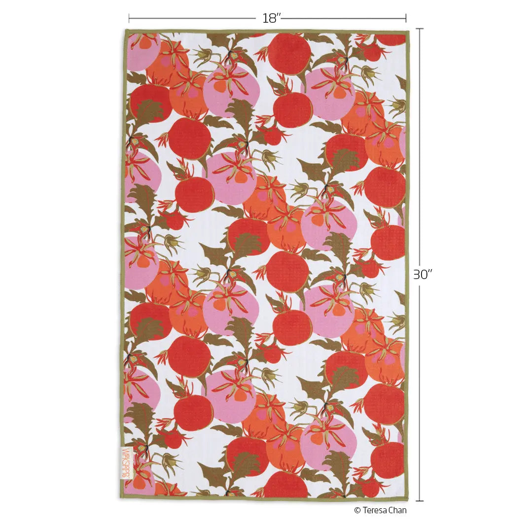 Microfiber dish towel with a white background featuring a red, orange, and pink heirloom tomato pattern. 18"x30".
