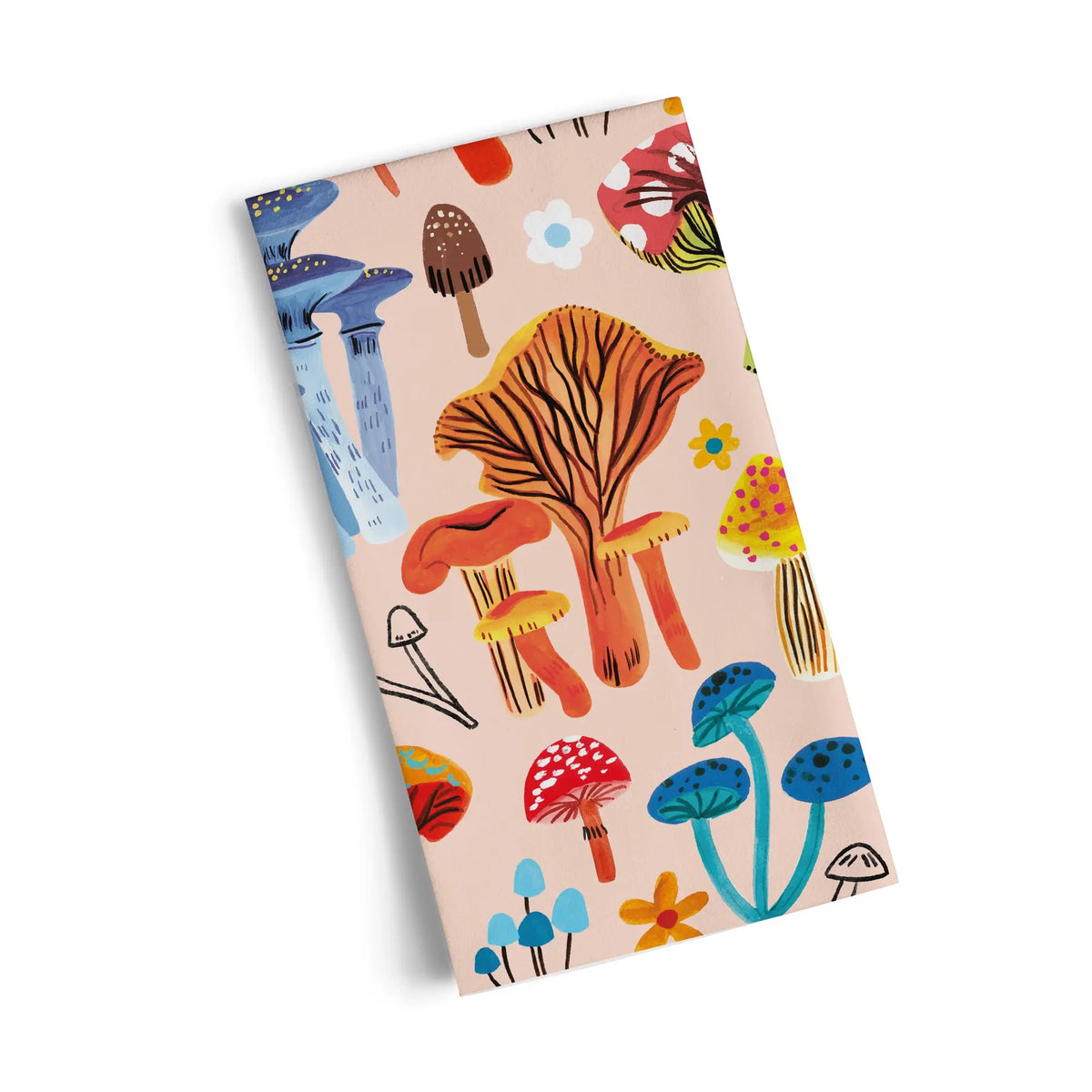 Cotton tea towel with a light pink background, featuring a colorful, patterned illustration of assorted mushrooms and dots.