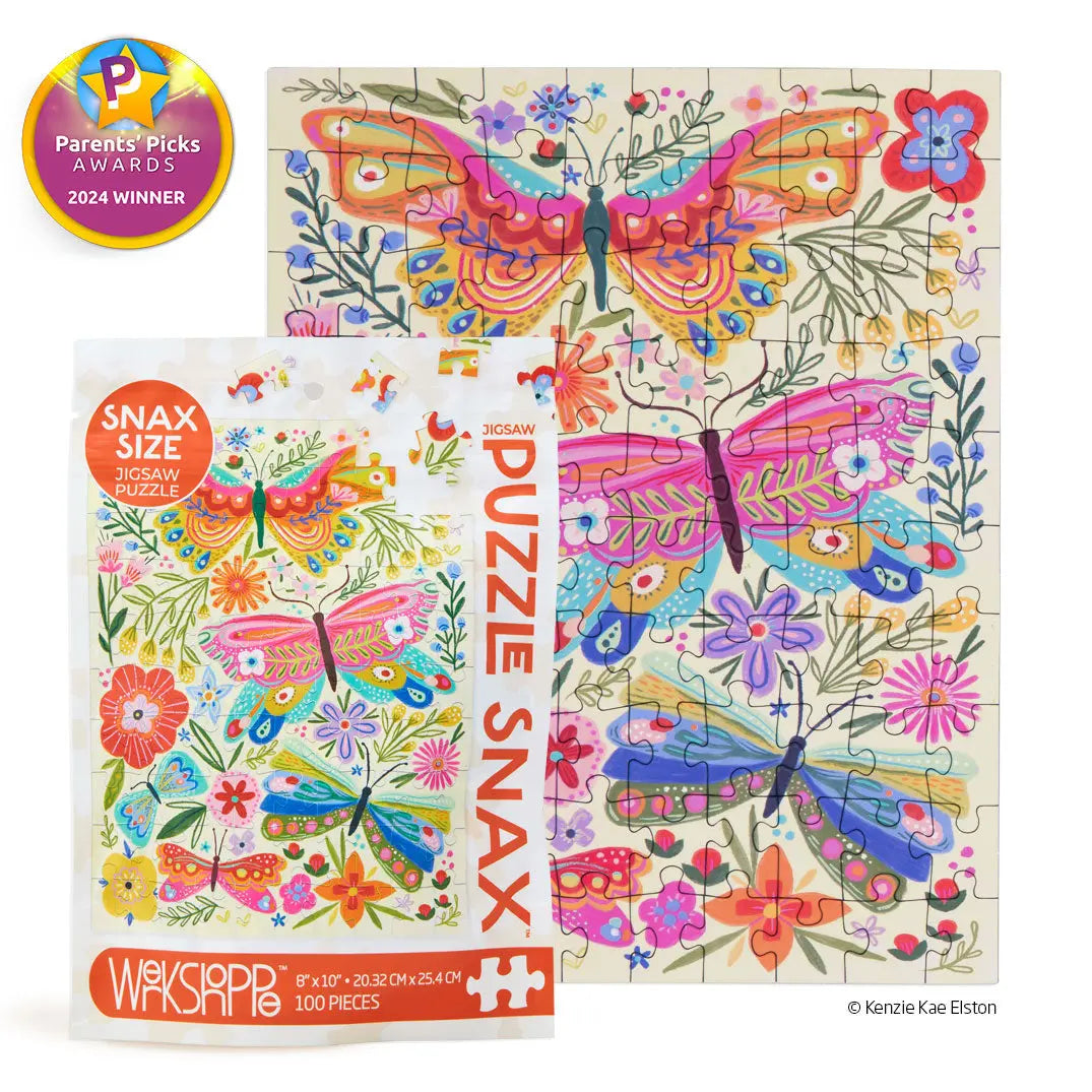 Colorful 100-piece butterfly and floral jigsaw puzzle in a snack-sized bag with a "Parents' Picks" award badge.