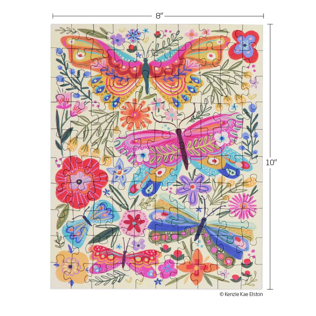 100-piece puzzle with colorful, illustrated butterflies and floral patterns on a cream background, measuring 8x10".