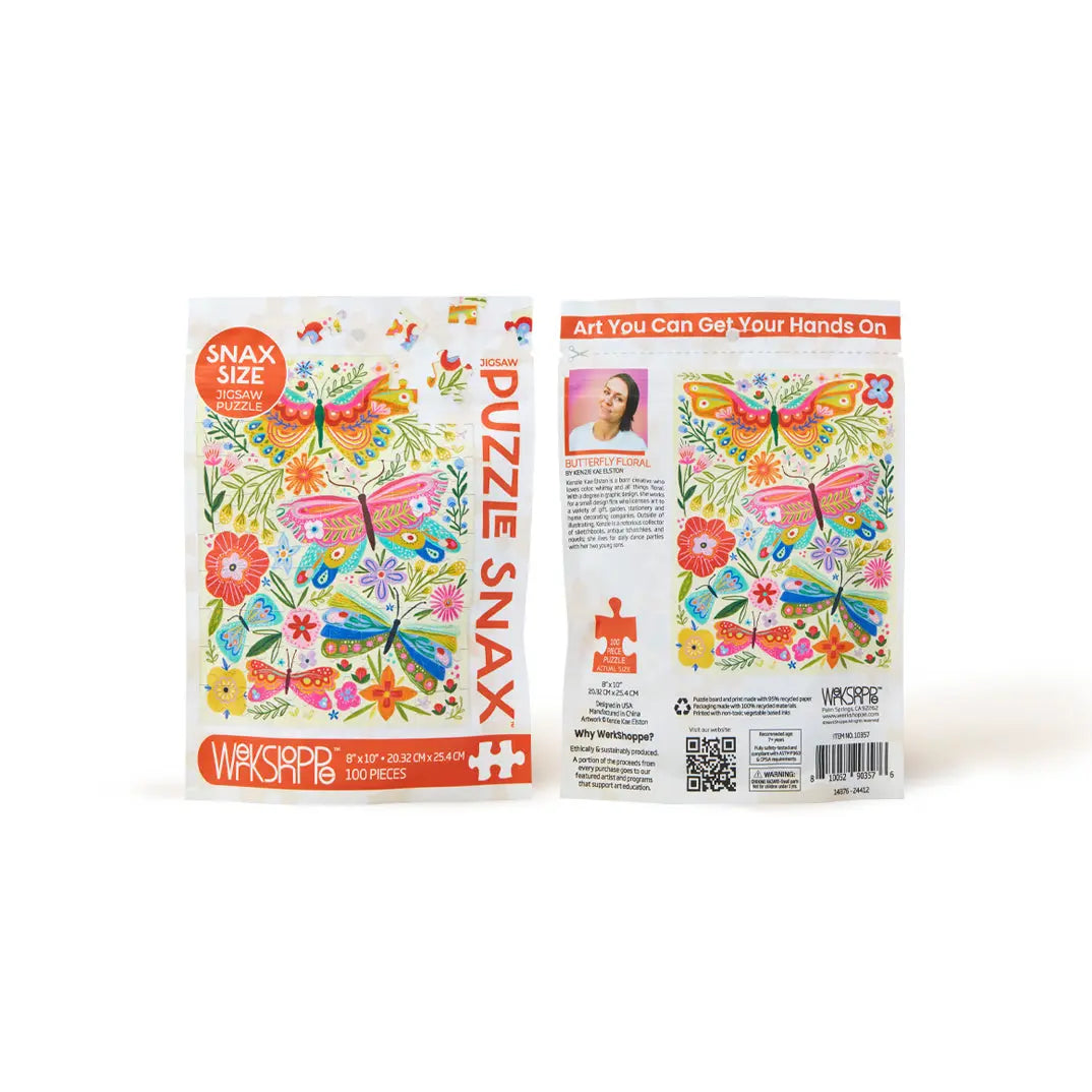 Two-sided pouch for a 100-piece Butterfly Floral jigsaw puzzle featuring colorful, illustrated butterflies and flowers.
