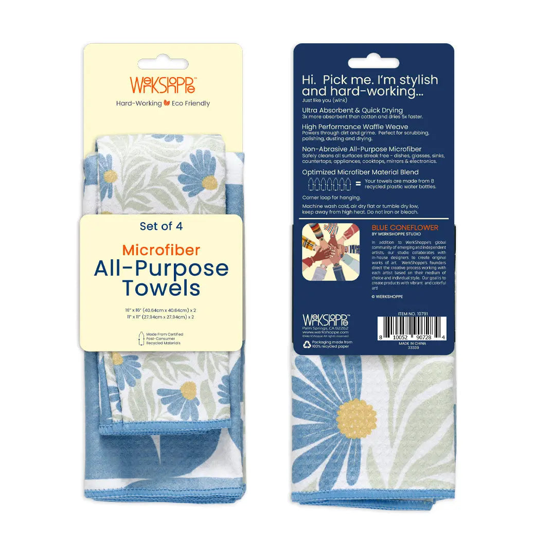 Set of 4 blue coneflower microfiber towels featuring a floral waffle weave pattern on recycled paper packaging.