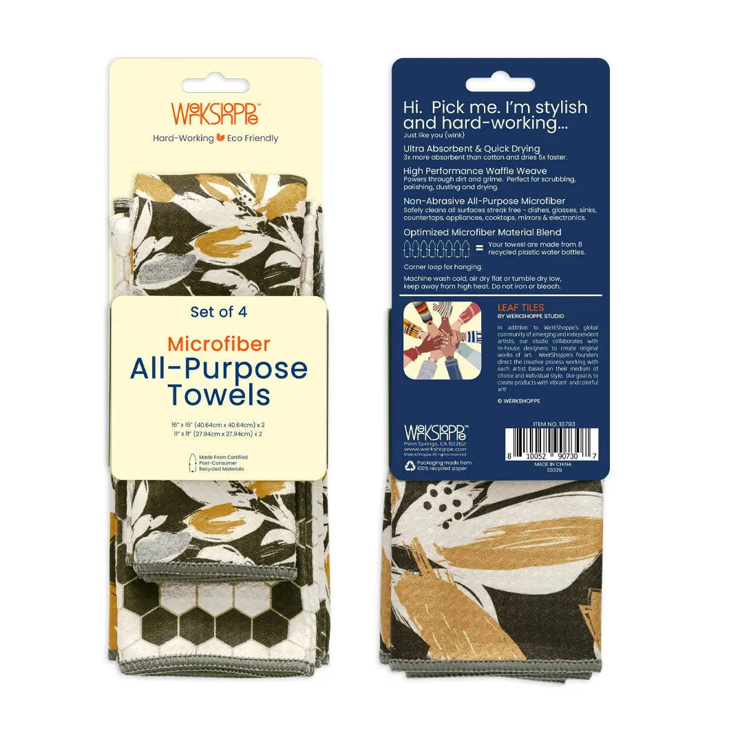 Set of 4 microfiber waffle-weave towels in a dark gray, white, and ochre yellow leaf and hexagon pattern.