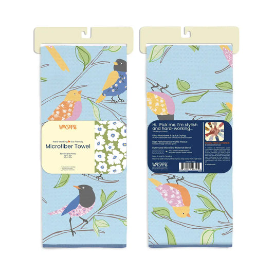 Light blue microfiber towel featuring a patterned print of colorful birds on branches with leaves and flowers.