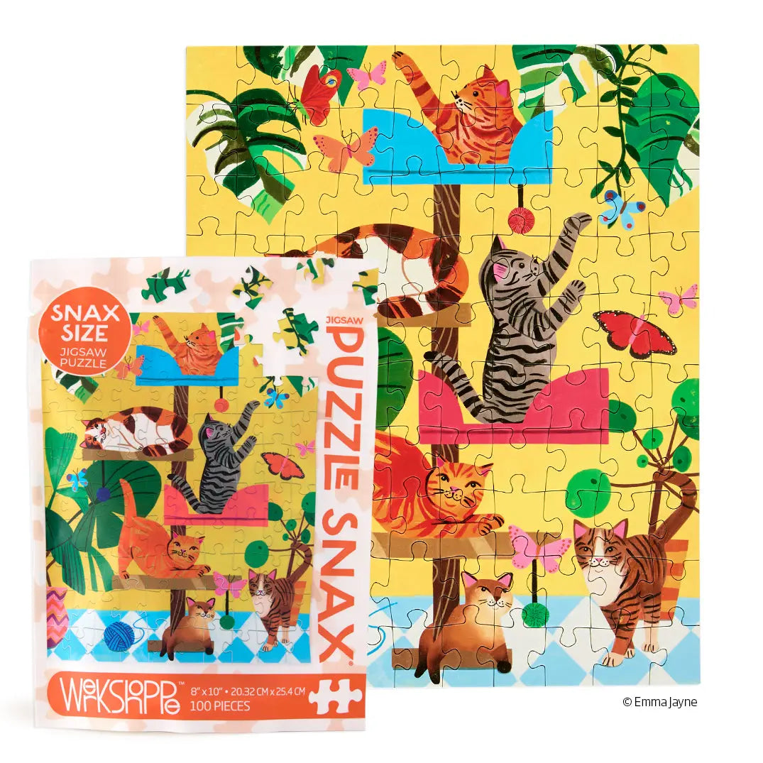 A 100-piece puzzle showing colorful cats playing on a brown cat tree among green monstera leaves and pink butterflies.