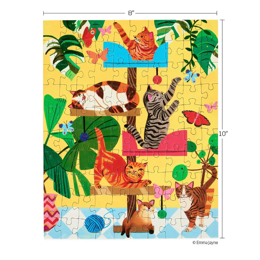 100-piece puzzle featuring colorful cats on a cat tree, surrounded by house plants, butterflies, and a yellow backdrop.
