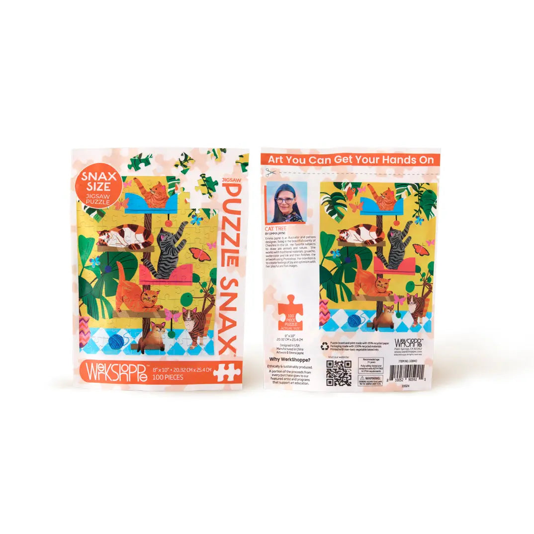 Front and back views of a 100-piece Cat Tree jigsaw puzzle in a stand-up pouch featuring colorful illustrations of cats.
