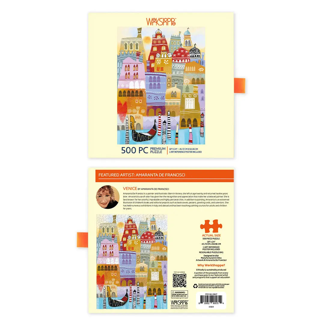 A 500-piece puzzle box featuring a colorful, whimsical illustration of Venice buildings, gondolas, and patterns.