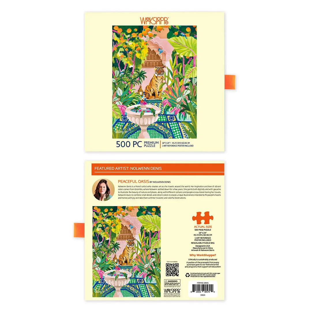 500-piece puzzle box featuring vibrant jungle artwork with a tiger, orange trees, and fountain by Nolwenn Denis.