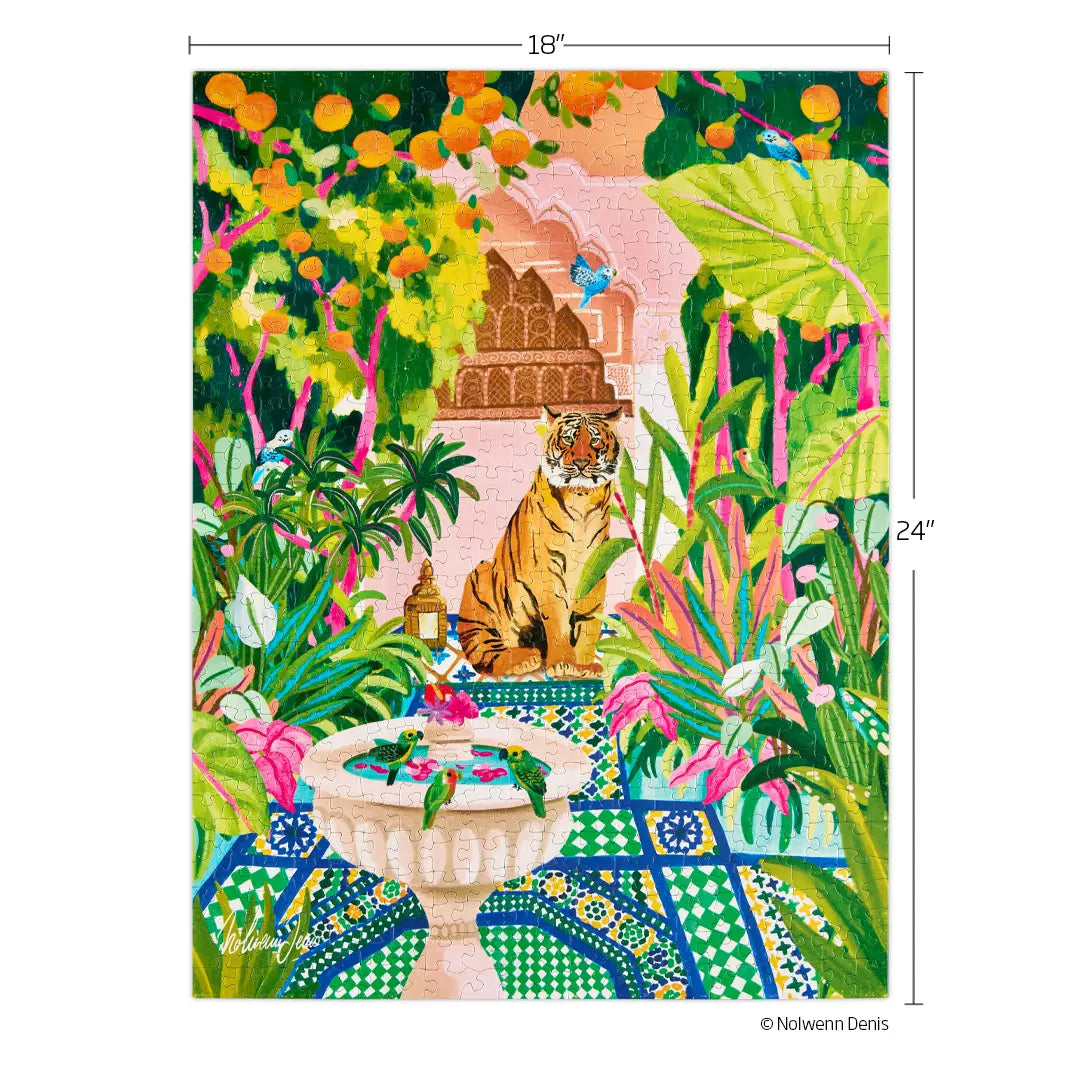 A tiger sits in a vibrant garden with orange trees, birds, a fountain, and tile patterns in a 18x24 inch puzzle.