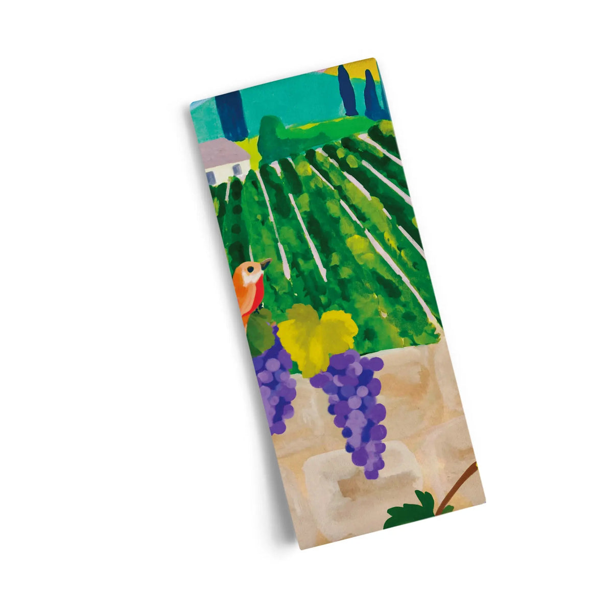 Cotton tea towel featuring a colorful painted vineyard scene with grapes, a small bird, and a stone wall.