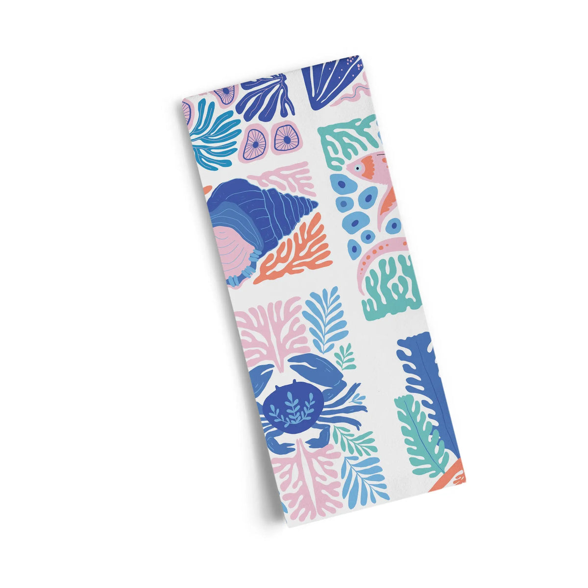 White cotton tea towel featuring a vibrant, modern coastal pattern of blue crabs, shells, coral, and teal seaweed.