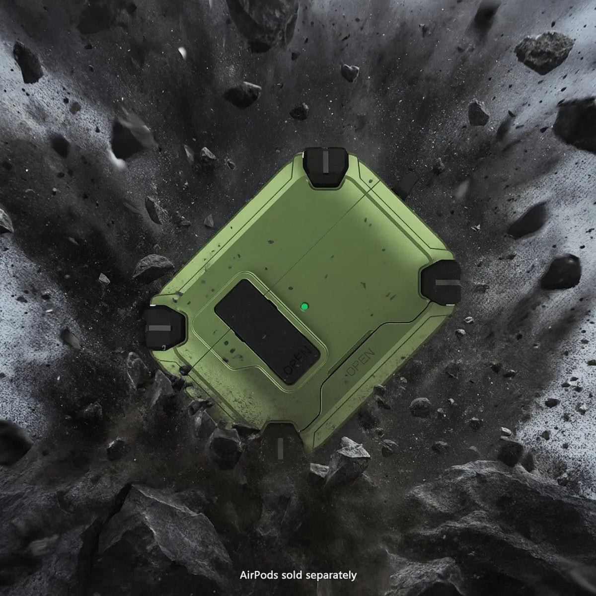 Olive green heavy-duty earbud case with black corner bumpers and a secure locking latch, surrounded by flying debris.