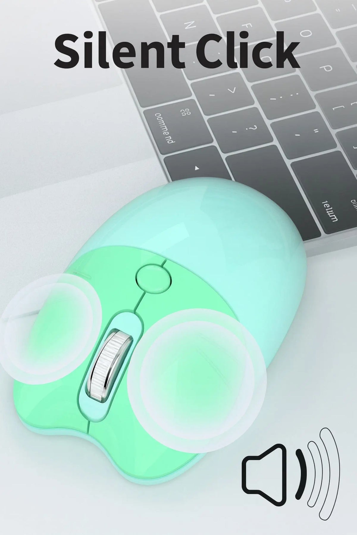 Mint green wireless mouse with a metallic scroll wheel, placed on a dark grey keyboard, highlighting silent clicking.