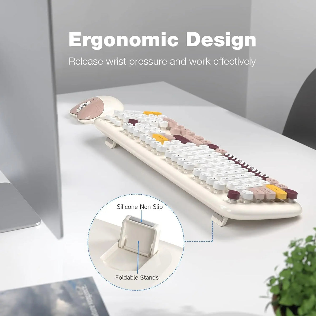 Colorful wireless keyboard and mouse combo with round keys, ergonomic foldable stands, and non-slip silicone pads.