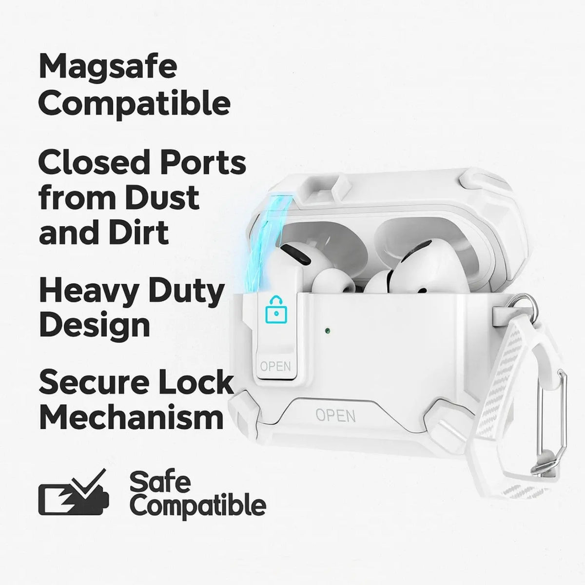 White heavy-duty, MagSafe-compatible AirPods Pro 3 case with a secure locking latch, dust cover, and carabiner clip.