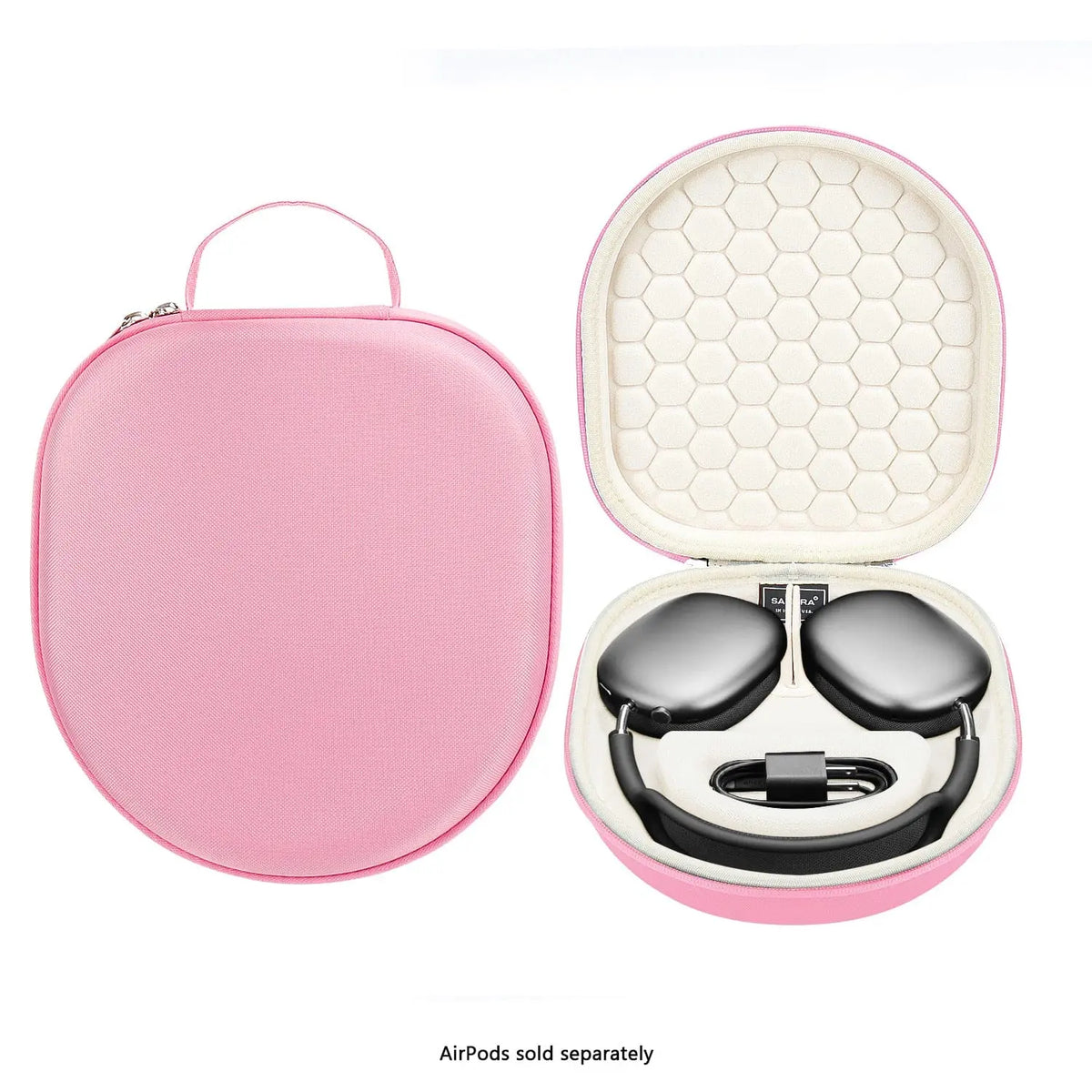 Pink hard-shell travel case for AirPods Max featuring a protective interior honeycomb lining and a carry handle.