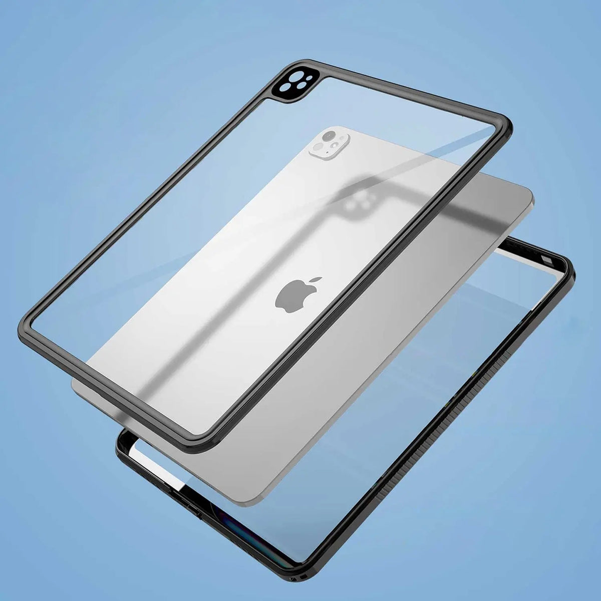 Clear, waterproof protective iPad Pro 13-inch case with a black frame, shown disassembled around a silver tablet.
