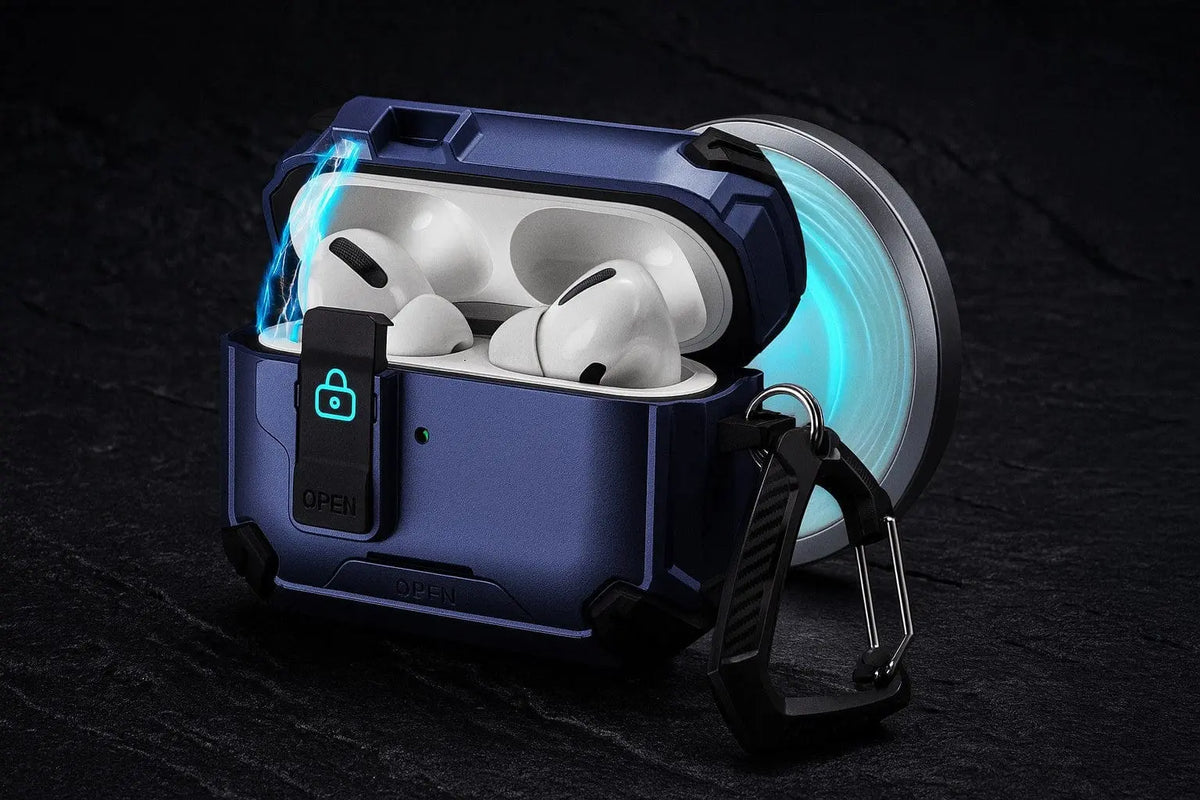 Rugged blue AirPods Pro case with secure lock, carabiner, and MagSafe charging feature on a dark background.